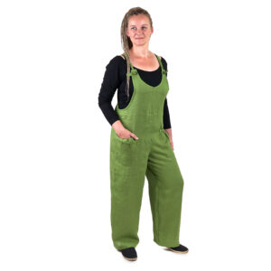 Dámské lněné kalhoty s laclem - zelené